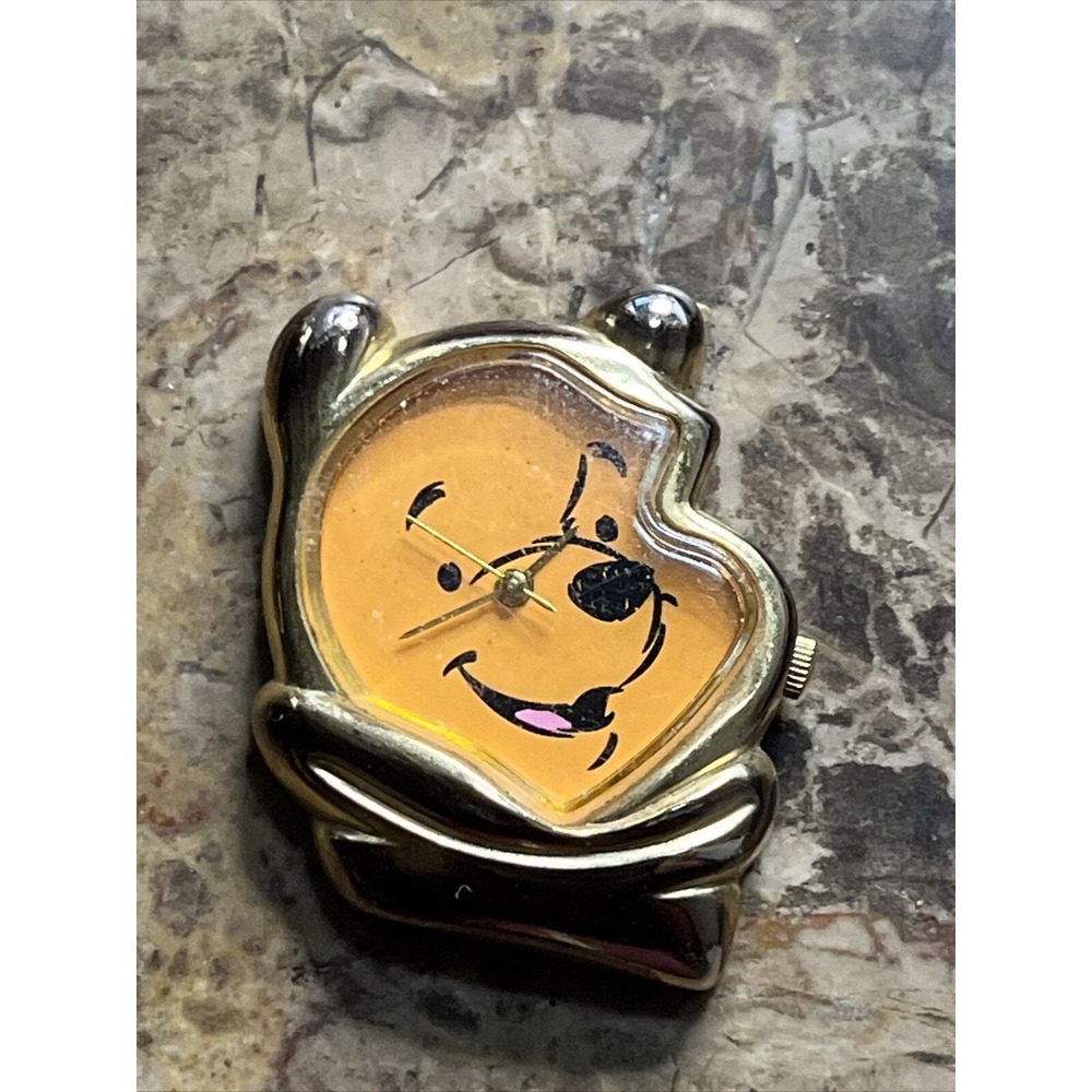 Rare Disney Timex Vintage WINNIE POOH Head Watch Gold Tone Braided Leather Band